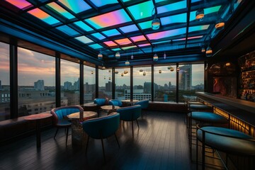 Fototapeta premium A city rooftop bar with neon lights and panoramic views Generative AI