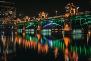 A city bridge at night with neon lights and reflections in the water Generative AI