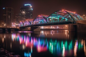 A city bridge at night with neon lights and reflections in the water Generative AI