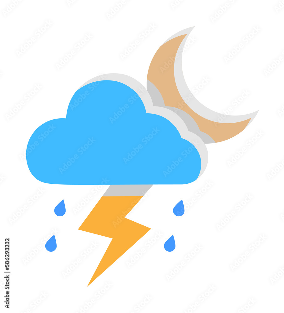 Poster cloud crescent rain drops lightning icon. simple line, outline of two color weather icons for ui and