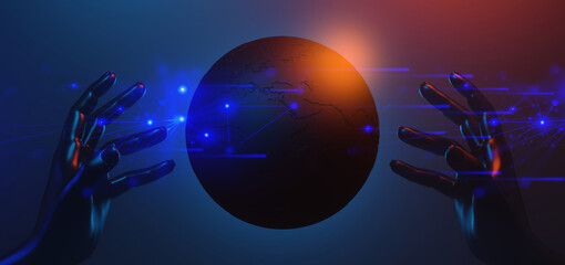 Naklejka premium robot ai hand holding holographic of globe metaverse network, metaverse internet social online technology, 3d illustration rendering