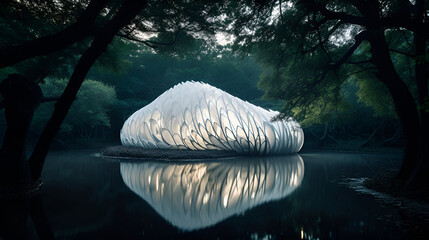 Organic Cocoon: A Stunningly Modern and Innovative Futuristic House Nestled in the Lush Forest Surroundings of a Serene Lake, Offering Ultimate Relaxation and Calming Ambiance