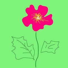Abstract pink mallow isolated on green background. Drawn Malva sylvestris flower icon, vector eps 10