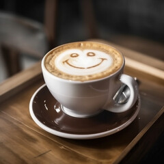 The image captures a humorous and playful moment in coffee-making, with a funny smiley face formed on the surface of the milk in a coffee cup. The coffee is freshly brewed and served on a wooden table