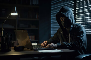 Dangerous hooded hacker breaks into company network cyber security concept.

