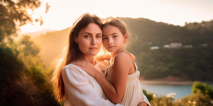 Loving mother and daughter embrace in a scenic outdoor setting Generative AI