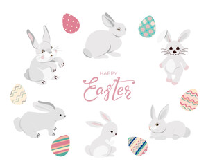 Obraz premium Happy Easter bunnies banner with rabbits, eggs and hand drawn lettering text. Set of cute hares in different poses on white background. For greeting cards, banners, invitation. Vector illustration.