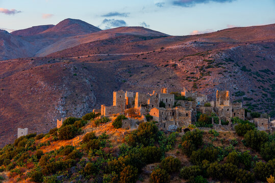 Sunset panorama view of Vathia village at Peloponnese peninsula in Greece