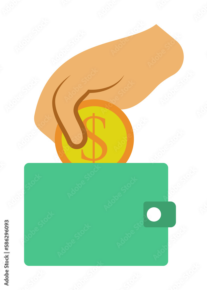 Poster hand puts a coin in a wallet colored icon. element of bankings for mobile concept and web apps. deta