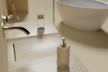 White ceramic soap dispensers on stone sink. Bathroom furniture. Wall mounted faucet. 3d rendering