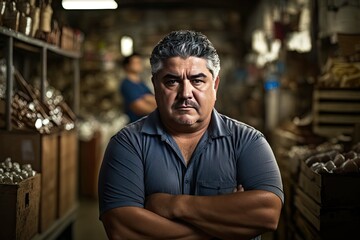 Obraz premium Portrait of small business owner. Headshot of man looking at camera with shop as background. Created with Generative AI