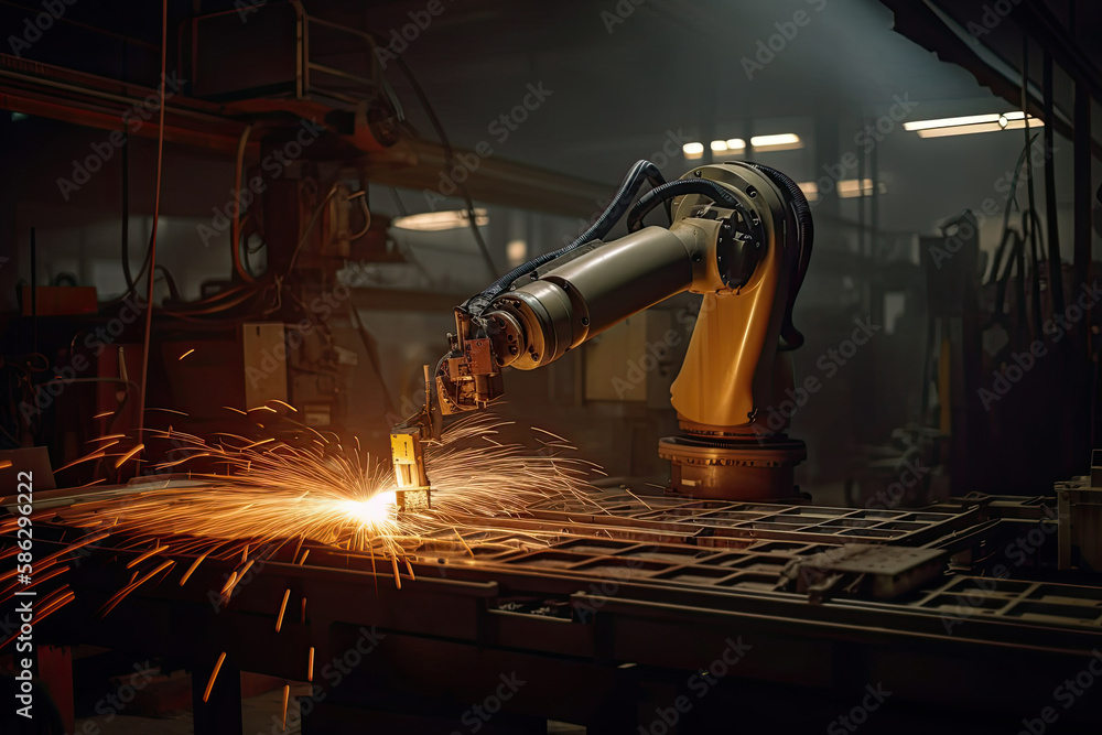 Poster robotic arm works on welding. conveyor line at factory. automatic welding. created with generative a