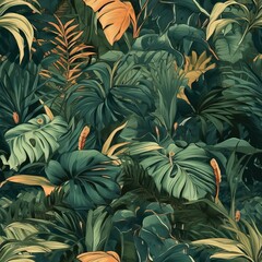 Large leaves of tropical trees. Seamless jungle background. Generated by AI.