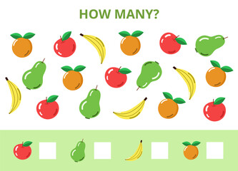 Educational worksheet for kids vector template. Math game for children How Many fruits in flat style on white
