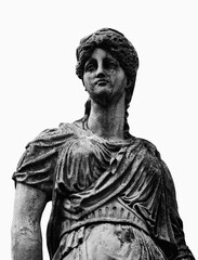 Ancient statue Artemis (Diana). Goddess of of the moon, wildlife, nature and hunting. Black and white image.
