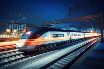 Obraz na płótnie Canvas Modern high speed train at night. Fast train in city with motion blur effect, Public transport. Railway transportation. Created with Generative AI