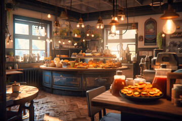 A cozy coffee shop with fresh pastries and cozy seating