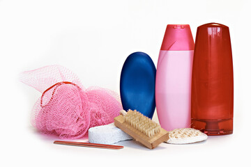 Shampoo with a washcloth, and a set for peeling with brushes for spa procedures. Close-up