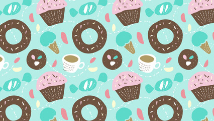 お菓子の背景パターン ポップなスイーツイラスト（ミント）