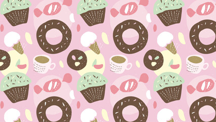 お菓子のパターン背景 ポップなスイーツイラスト