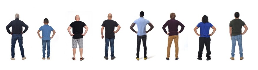 back view of a group of men with arms akimbo on white background