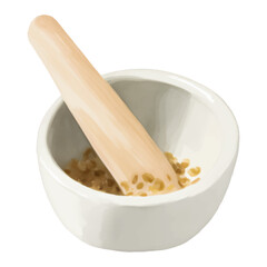 White Ceramic Mortar and Wooden Pestle Isolated Hand Drawn Painting Illustration
