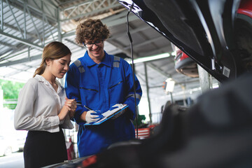 auto mechanic in garage A car service worker inspects the condition of the car in the factory....