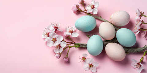Colorful Easter eggs with spring blossom flowers on pastel background. Colored egg holiday border, flat lay. AI Generative