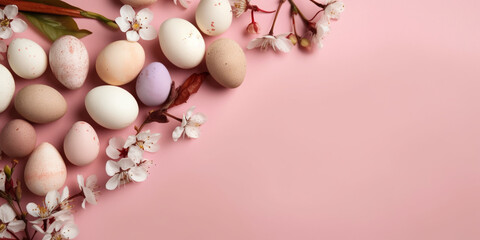 Colorful Easter eggs with spring blossom flowers on pastel background. Colored egg holiday border, flat lay. AI Generative