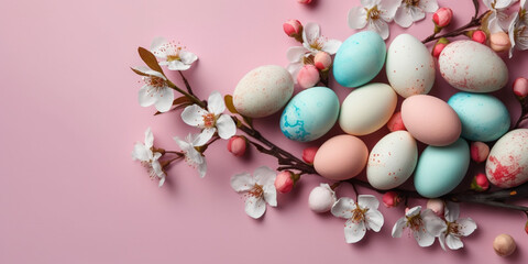 Colorful Easter eggs with spring blossom flowers on pastel background. Colored egg holiday border, flat lay. AI Generative