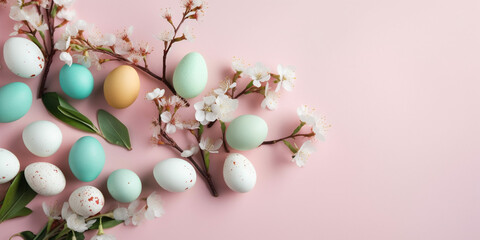 Colorful Easter eggs with spring blossom flowers on pastel background. Colored egg holiday border, flat lay. AI Generative