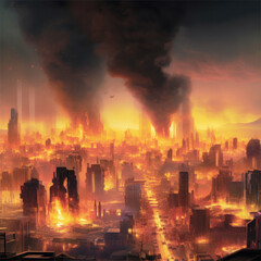 Le dessin d'une ville en flamme avec de hautes tours et beaucoup de fumée