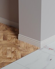Joint of Parquet and Porcelain Stoneware with Aluminum Connection Profile. Different cover floor in one level