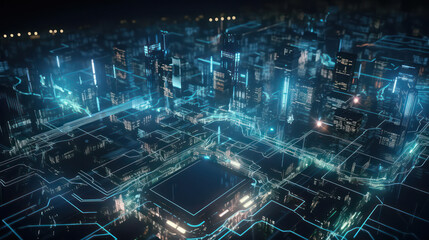 Fototapeta na wymiar AERIAL. Network and Connection technology concept with a city at night time