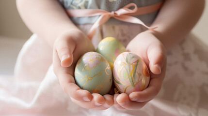 Fototapeta na wymiar A close-up image of a little girl's hands delicately holding brightly painted Easter eggs, with a soft pink ribbon tied around the dress