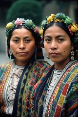 Fototapeta premium Indigenous South American women looking at camera. Generative AI vertical shot
