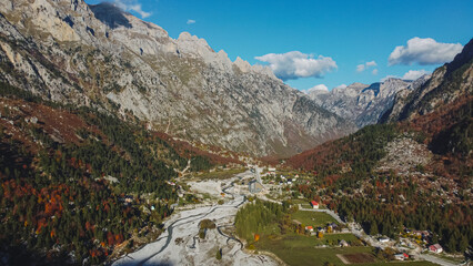 Naklejka na ściany i meble Aerial view drone shot landscape of Valbona and alps in Albania.