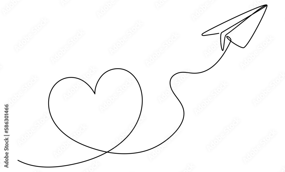 Poster paper airplane flight continuous line drawing. heart linear shape path. vector illustration isolated