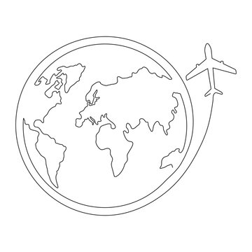 World map with flying airplane one line art. Continuous Earth globe line drawing. Vector illustration isolated on white background.