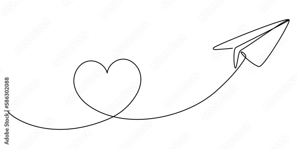 Aufkleber paper airplane flight continuous line drawing. heart linear shape path. vector illustration isolated