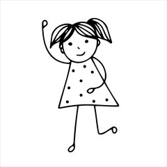 Cute little girl is doing exercises. Vector hand-drawn doodles. Template design, logo, clipart, icon.