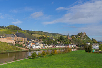 City view of the german city Saarburg with river called Saar and old castle ruin
