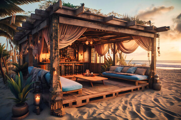 A beachfront cabana with comfortable seating and ocean views