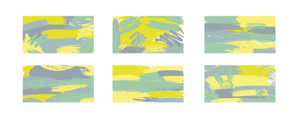 Brush stroke hand draw abstract backgrounds set yellow and green boho colours. Vector stock illustration pack for presentation, invitation, social media spring and summer design. 