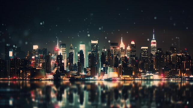 Defocused lights in city. The bokeh light from building and night city. Cityscape New York. Generative AI.