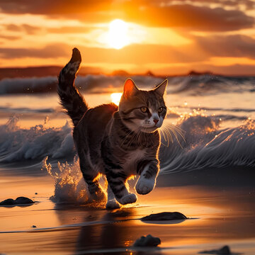 The Cat Running with the Waves on the Beach During the Mesmerizing Sunset. Watch a Cat Running with the Waves on the Beach.