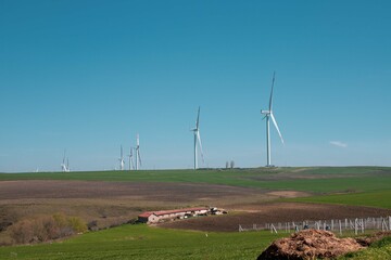 Wind turbine and windmill. Clean energy in green nature in different locations. Sustainability and environment concept
