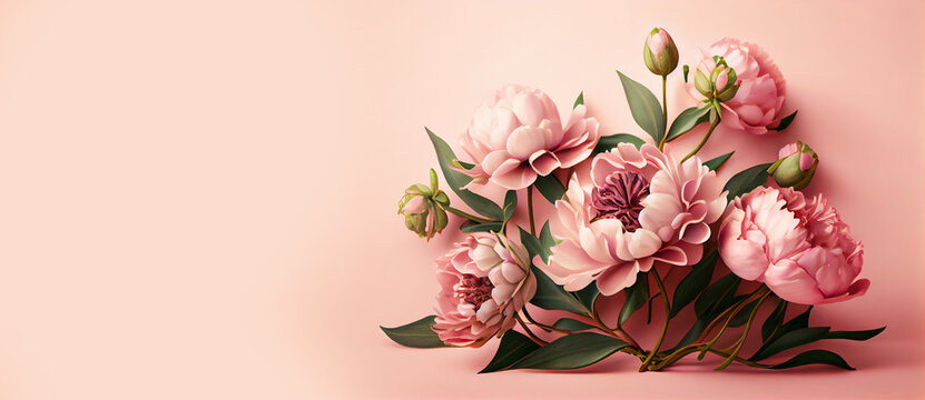 Spring peony flowers on pink pastel background top view in flat lay style. Greeting for Womens or Mothers Day or Spring Sale Banner. Generative Ai.