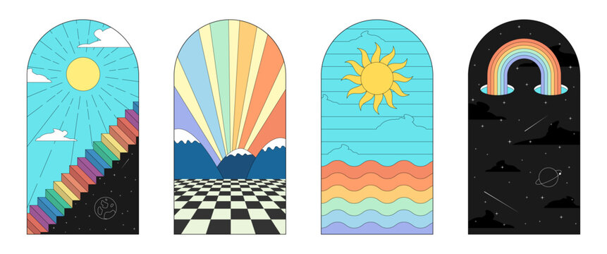 Retro groovy arch window set. Hippie style boho art poster collection. Graphic psychedelic arched windows with abstract elements. Vintage prints with sun, night sky and landscape. Trendy y2k design