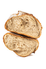 Broken into half a loaf of fresh bread isoltated on white background
